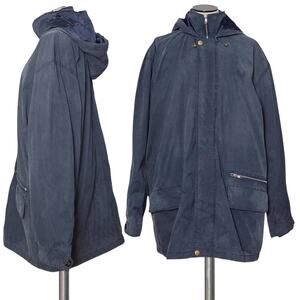 KUNTO 100% Silk Oversized Puff Parka Coat Hooded Navy Blue L